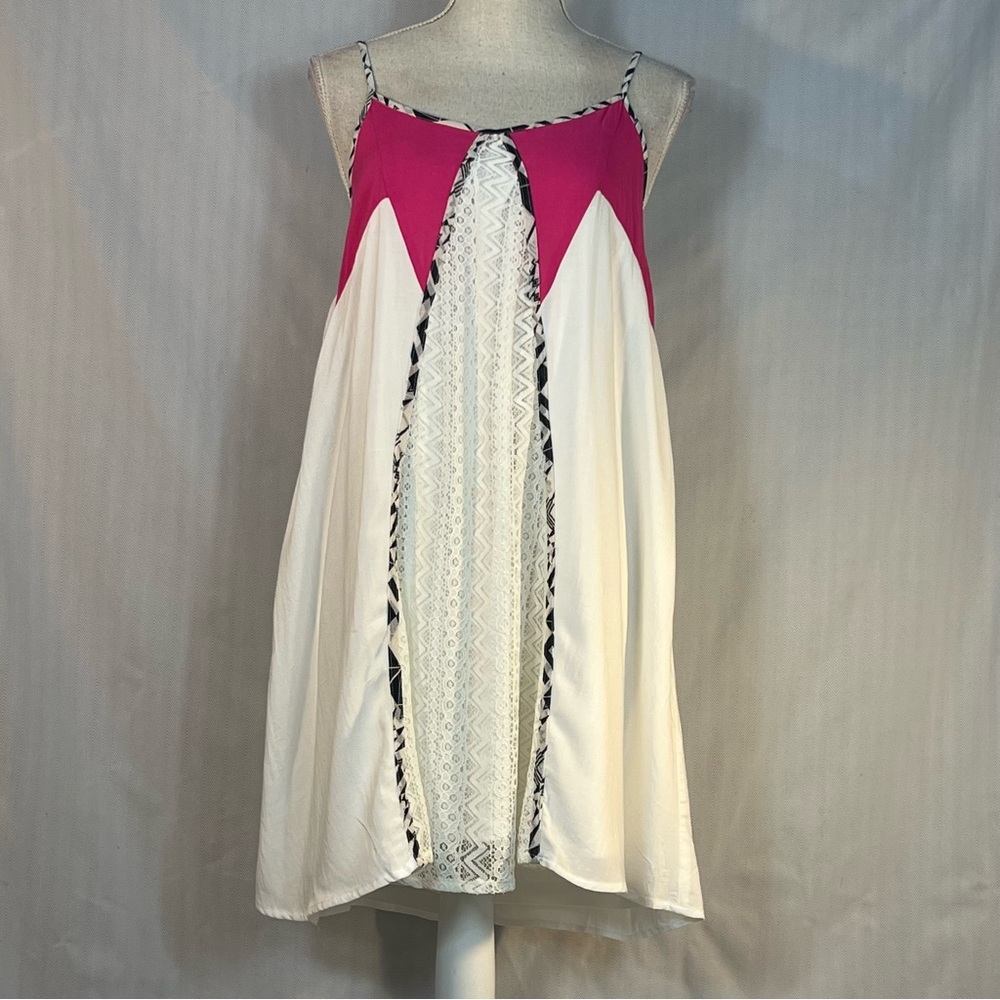 Entro Mini Dress Pink White Lace Spaghetti Straps A Line Black Trim Babydoll L 👍
